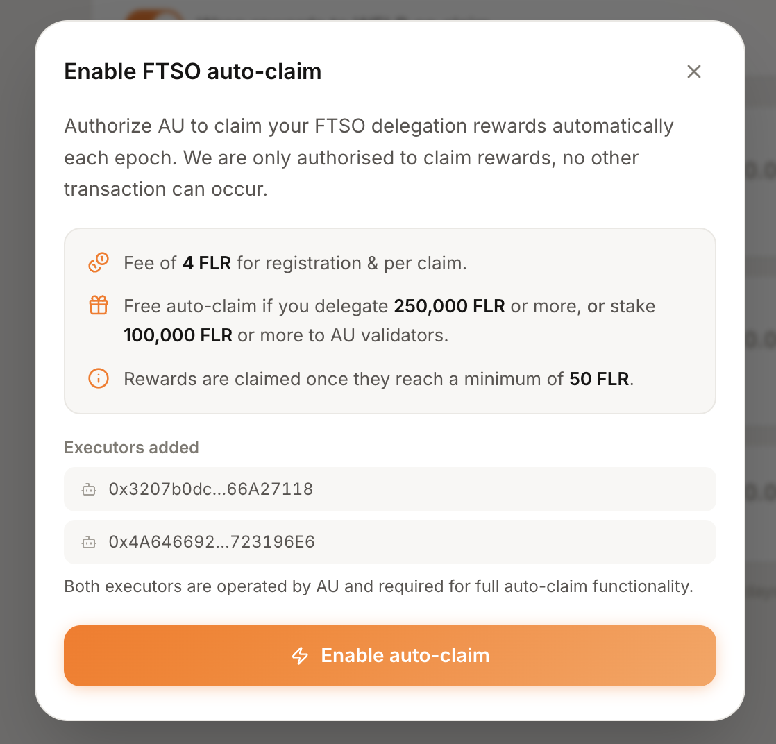 The Enable FTSO auto-claim setup window showing the fee, free thresholds, and the two AU executor addresses